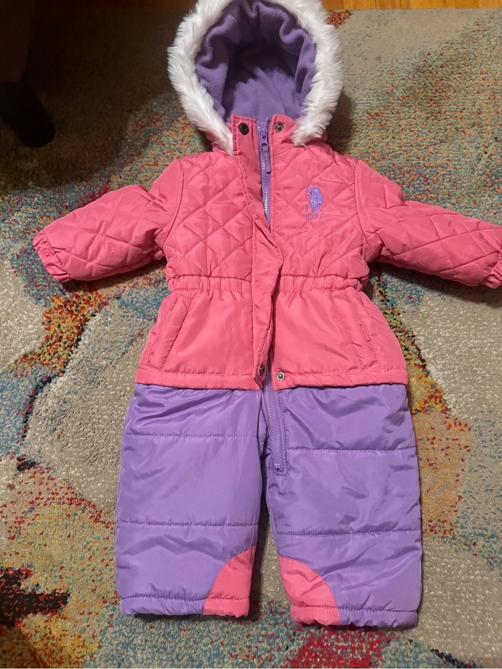 U.S. Polo Assn. Girls Pink & Purple Fleece-Lined Snowsuit 24M Ski Suit 2T